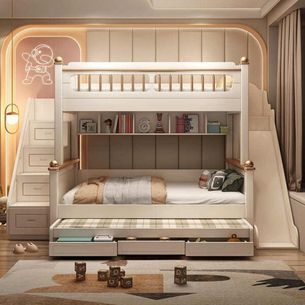 Stylish and durable wood bunk bed with storage